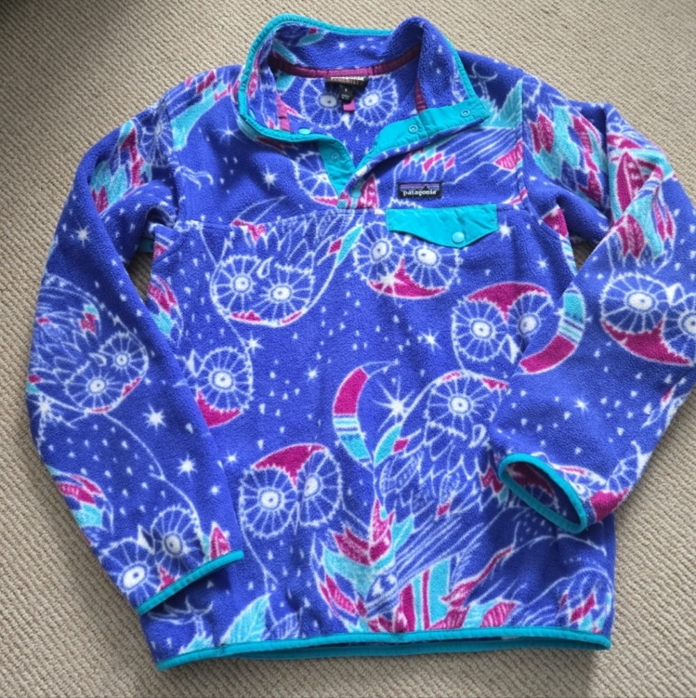Patagonia Snap T Synchilla Harvest Moon Blue Owl Pattern Fleece Pullover S
